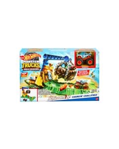 Hot Wheels Monster Trucks Rhinomite Chargin’ Challenge Playset with a 1:64 Scale Toy Rhinomite Truck & 2 Crushed Cars