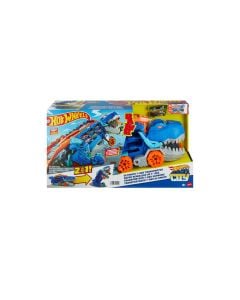 Hot Wheels City Ultimate Hauler, Transforms into Stomping T-Rex with Race Track, Lights and Sounds, Toy Storage for 20+ 1:64 Scale Cars